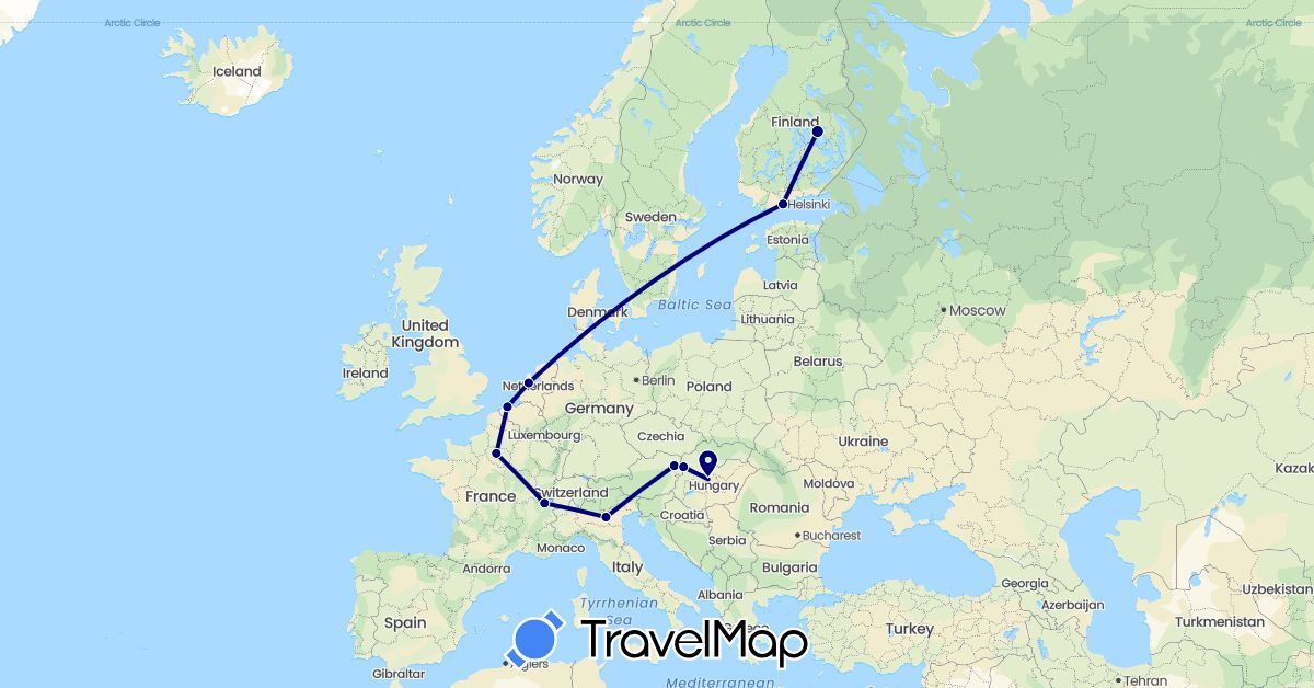 TravelMap itinerary: driving in Austria, Belgium, Switzerland, Finland, France, Hungary, Italy, Netherlands, Slovakia (Europe)